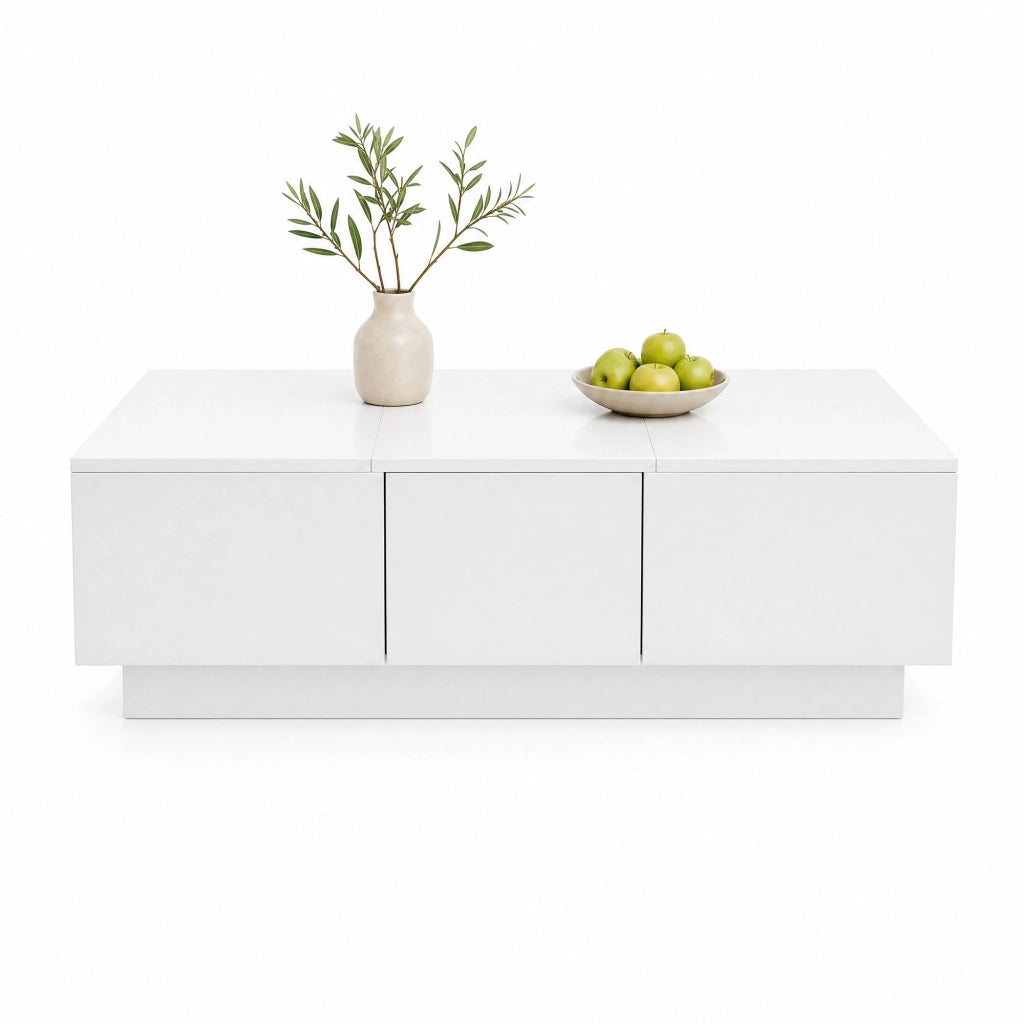 Tavolino da salotto con cassetti e vani contenitore 100x50x31 cm in truciolare bianco lucido