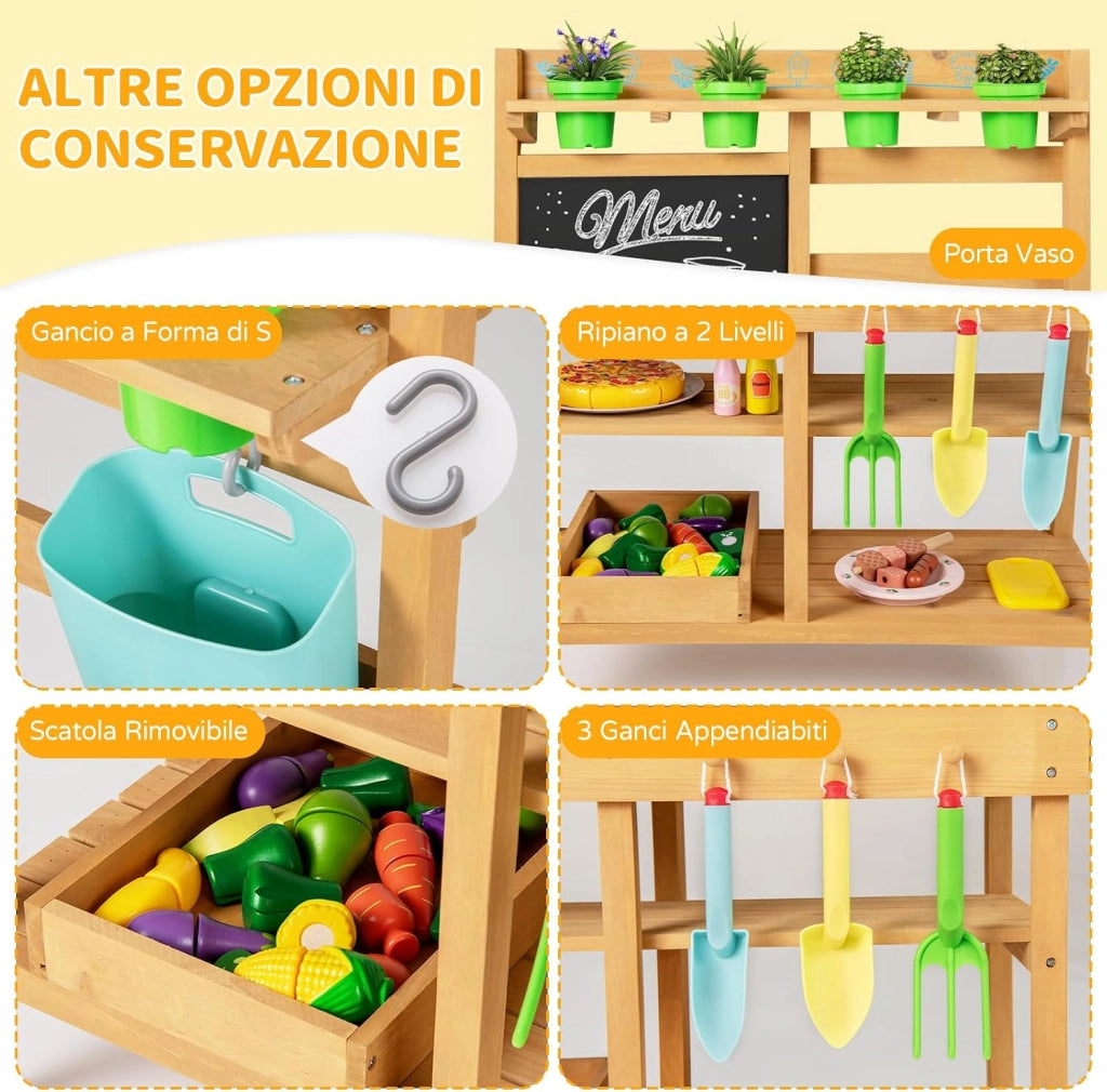 Cucina in Legno per Bambini, Cucina da Gioco all'Aperto con Rubinetto, Lavandini Rimovibili, Lavagna, Fornelli, Manopole, Vasi di Fiori e Accessori per Piantare, per Bambini 3+ Anni