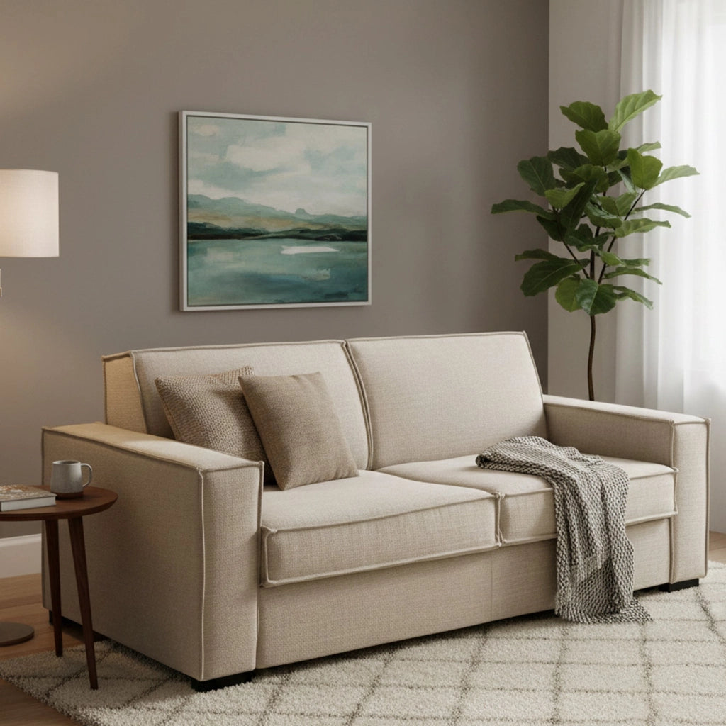 Divano Letto Alk, Divano a 2 posti, Made in Italy, SofÒ  Soggiorno con apertura girevole, in tessuto imbottito, con Braccioli slim, cm 160x95h90, Beige