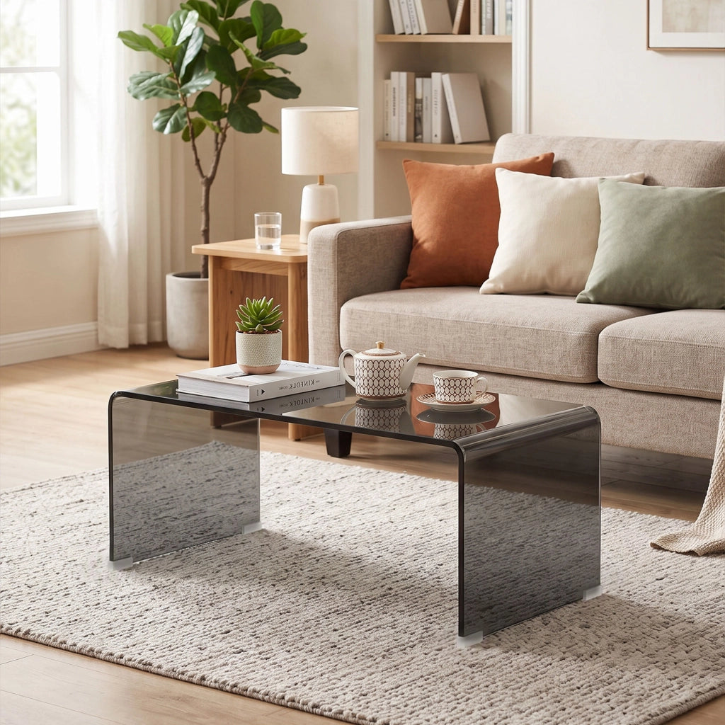 Table Basse en Verre, Table de Salon Rectangulaire Design Moderne avec Bords Arrondis Sûrs, Gris Clair Transparent