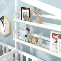 Letto per bambini con cassetti e scaffali, struttura a L, senza materasso, 90x200 cm+140x70 cm, Bianco