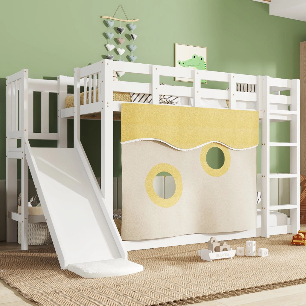 Letto a castello 90x200 cm bianco con scala, scivolo e tende