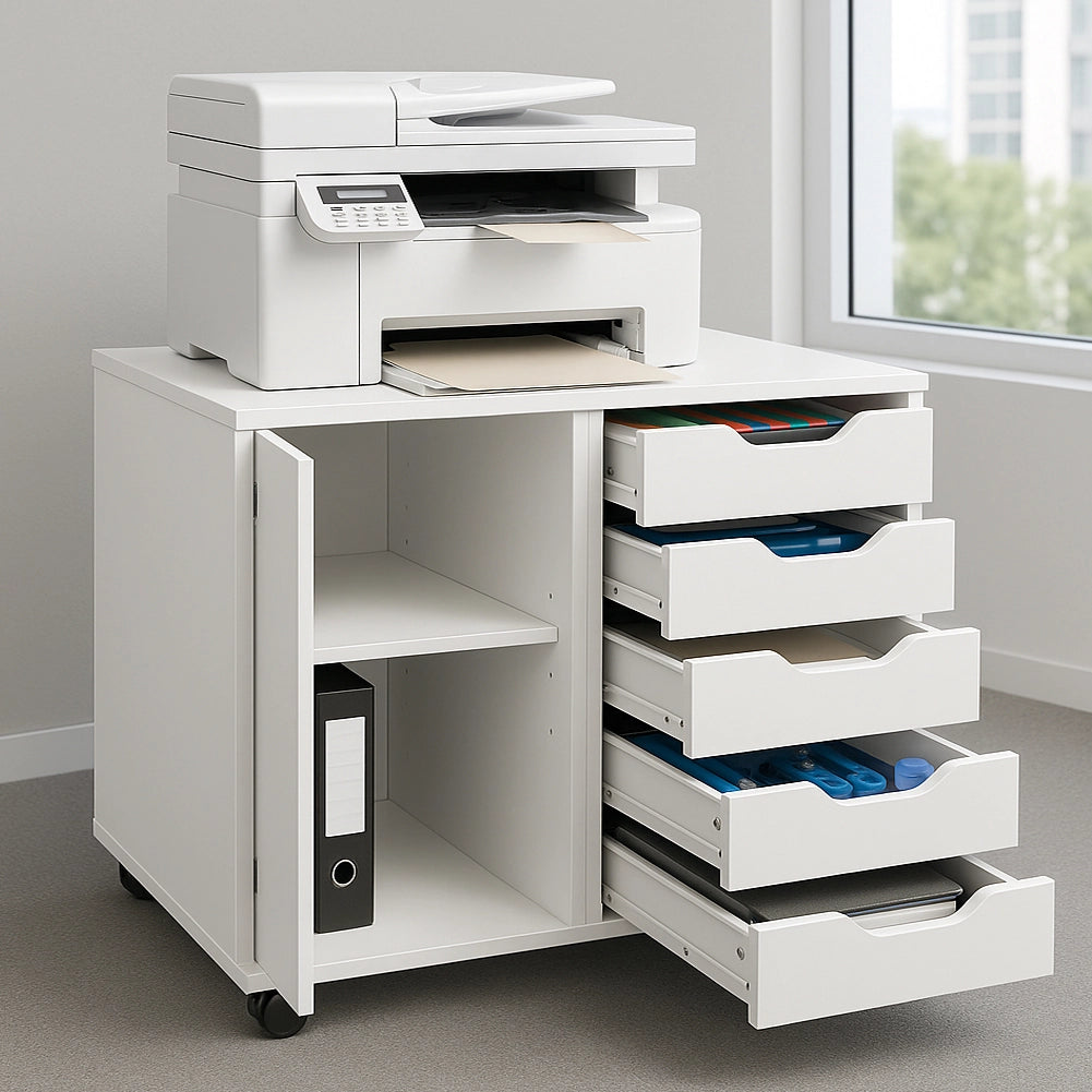 Schedario da Ufficio Porta Stampante Mobile Cassettiera 5 Cassetti 1 Anta Bianco