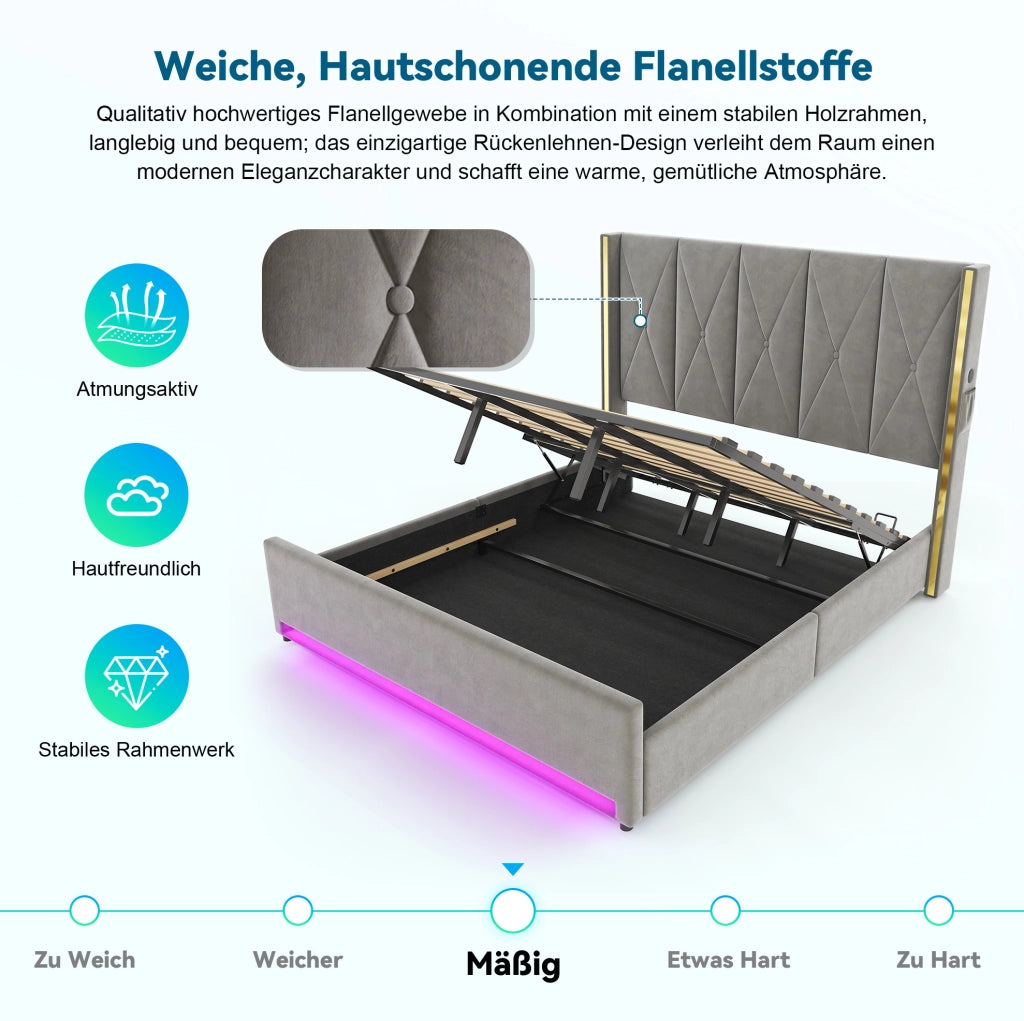 Letto contenitore 180x200 cm in velluto grigio scuro con LED e USB