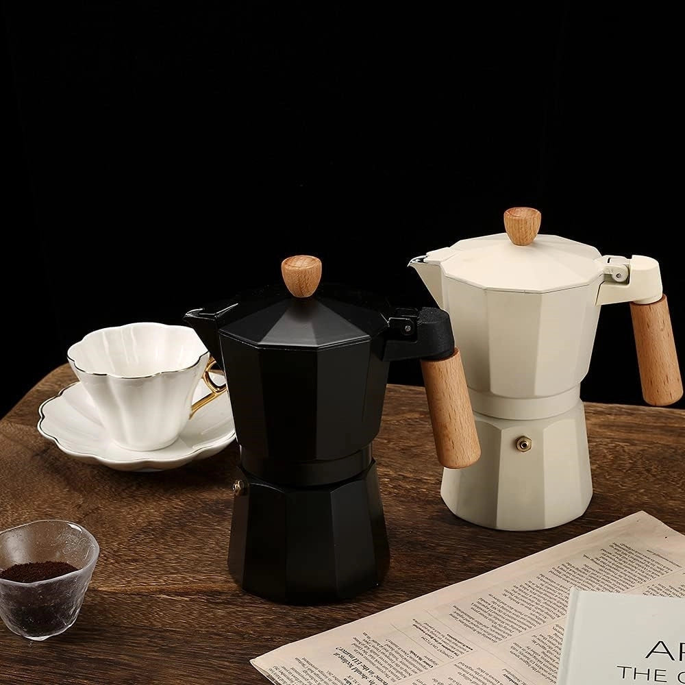 Trade Shop - Caffettiera In Alluminio Moka 6 Tazze Con Manico Pomello In Legno Utensile Caffè Espresso -