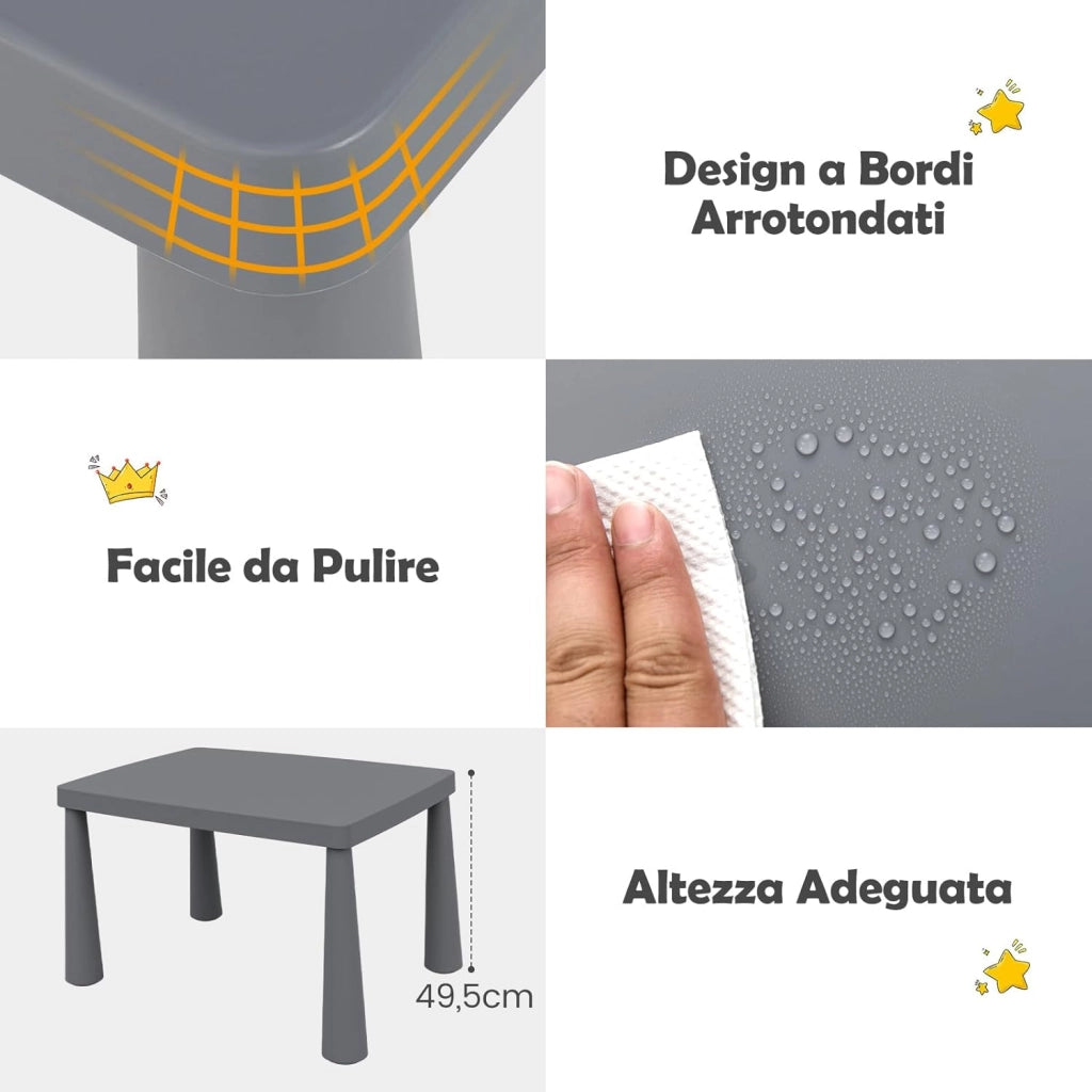 Set Tavolo e Sedie per Bambini 1-7 Anni, 2 Sedie Ergonomiche con Schienale, Materiale PP Atossico e Inodore, Angoli Arrotondati, Adatto per Giocare, Disegnare e Leggere, Portata 50kg (Grigio)