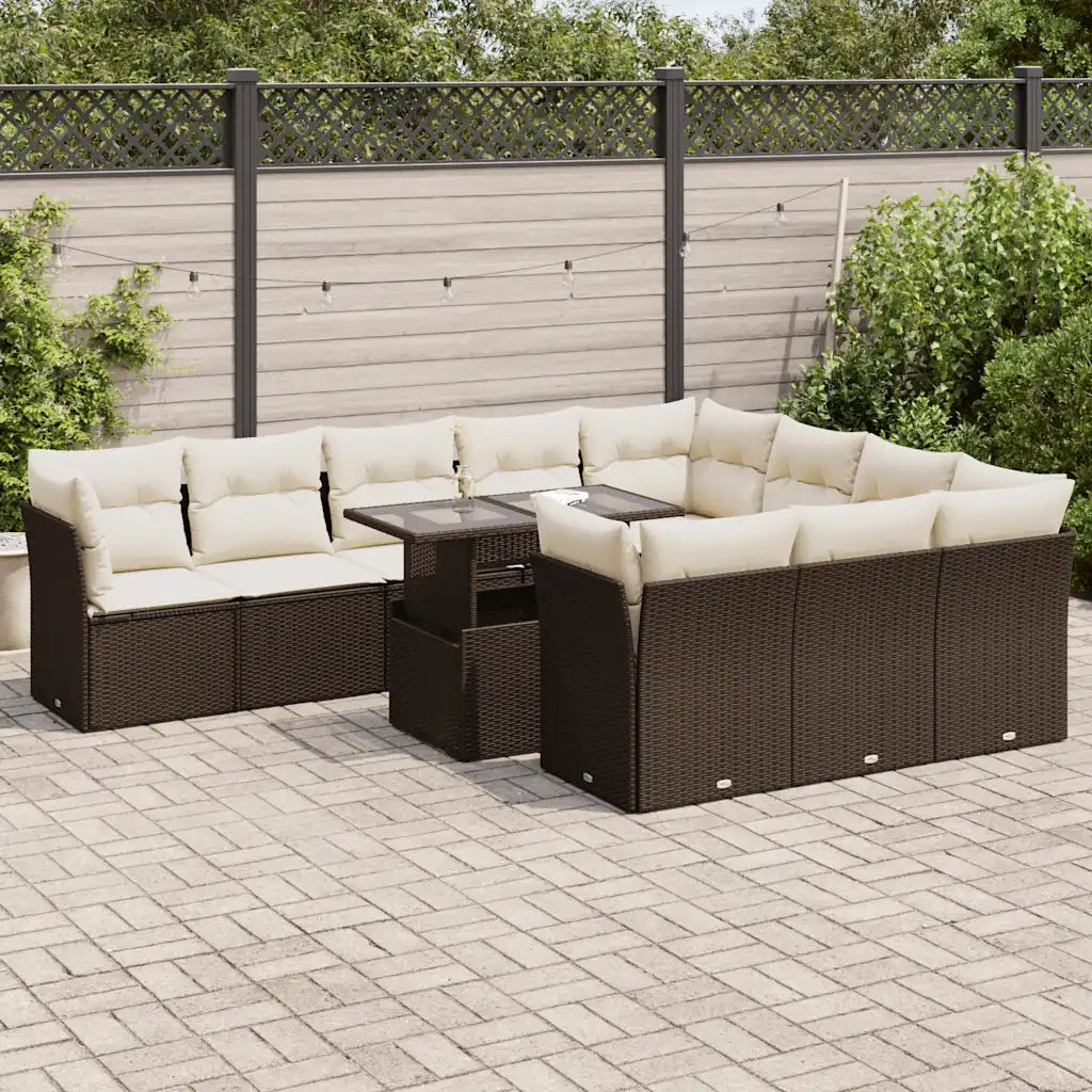 Set Divani da Giardino 11 pz con Cuscini Polyrattan Marrone