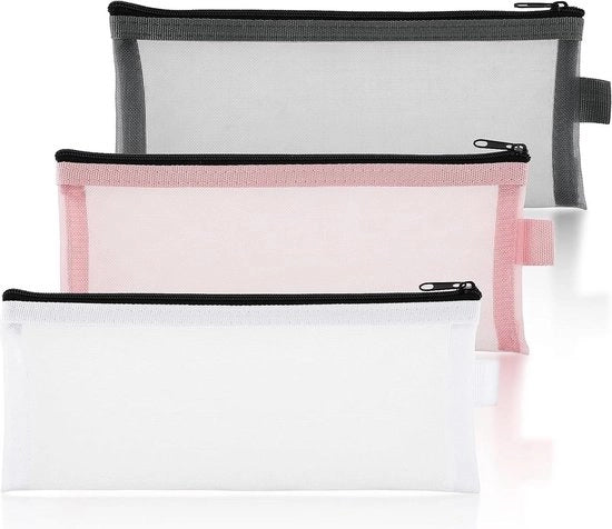 Etui trasparente in mesh nylon grande capacità contenitore per matite e penna astuccio per bambine ufficio stile moderno colore grigio-bianco-rosa