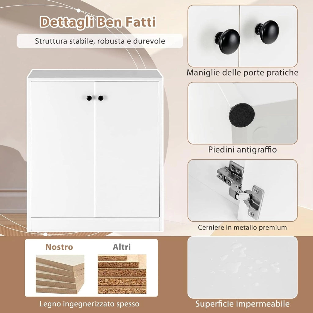 Armadietto da 2 Ante, Mobile da Pavimento con Ripiani a 3 Livelli e Dispositivo Anti-Ribaltamento, per Soggiorno, Sala da Pranzo e Ingresso, 72 x 34 x 85,5 cm (Bianco)
