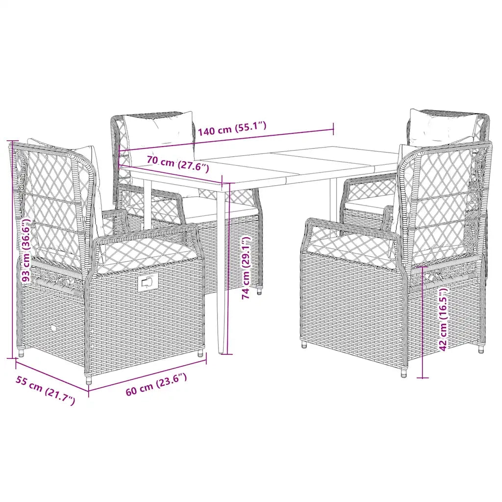 Set da Pranzo da Giardino 5 pz con Cuscini in Polyrattan Grigio
