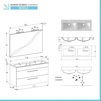 Mobile bagno sospeso 120 cm Smart olmo/lava con specchio