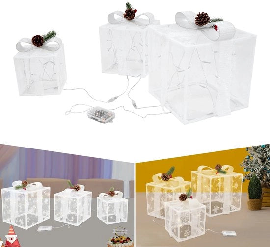 Decorazione natalizia in PVC, scatole regalo illuminate con intreccio di dennetta, 3 pezzi