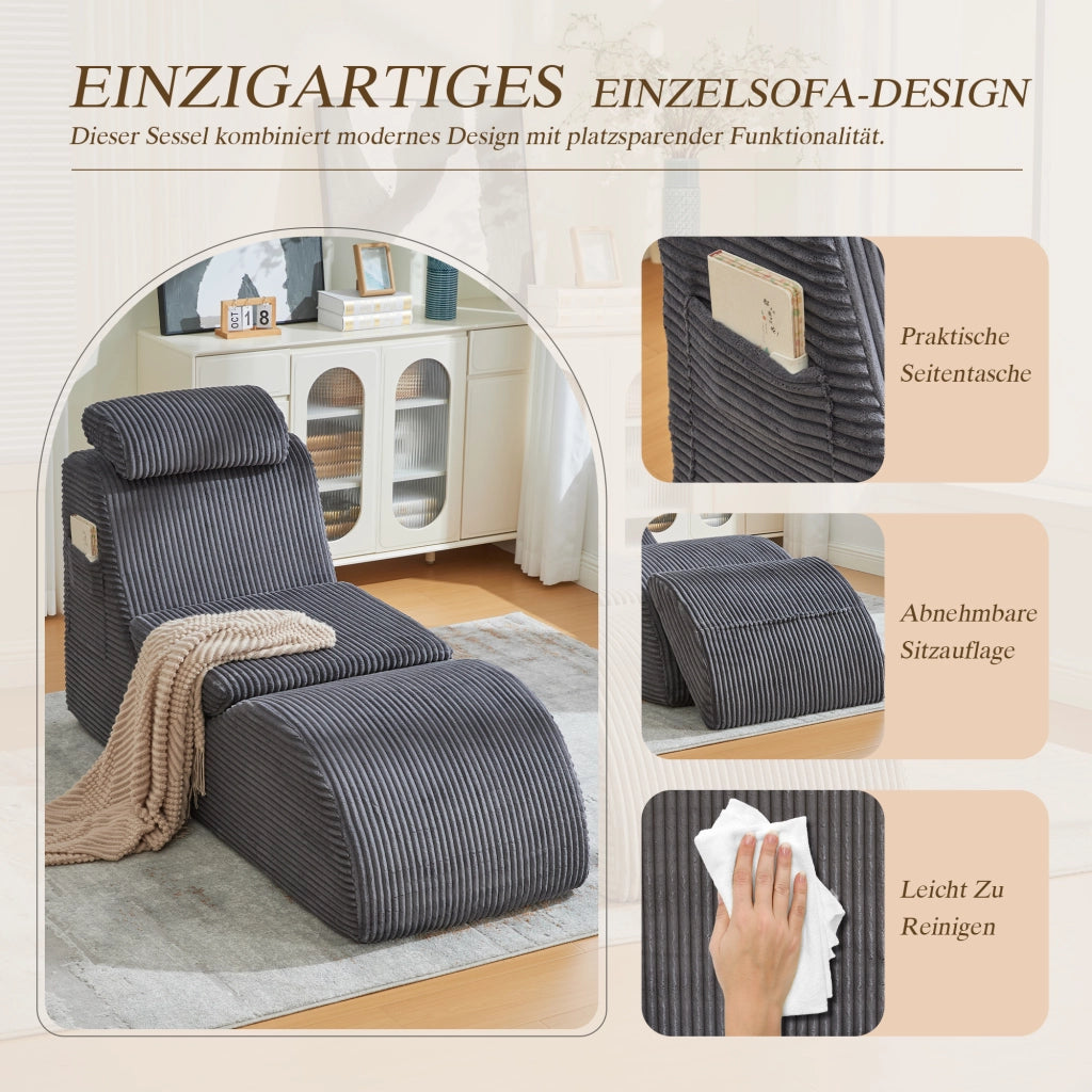 Poltrona relax ergonomica con tasca laterale e cuscino rimovibile design compatto in velluto a coste grigio scuro