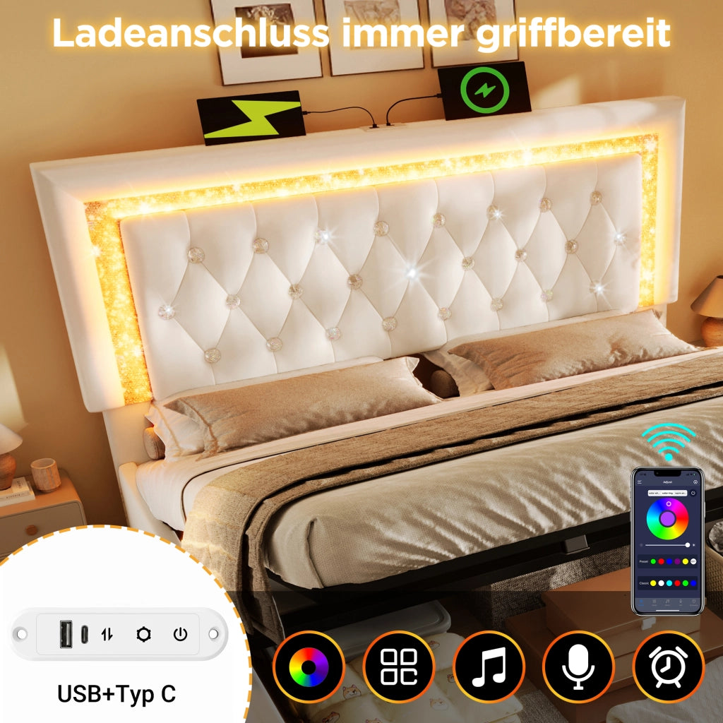 OKWISH Letto Contenitore 160×200 cm, Letto Matrimoniale con LED Regolabile, USB, Type C e Testiera Trapuntata, senza Materasso, Velluto, Beige