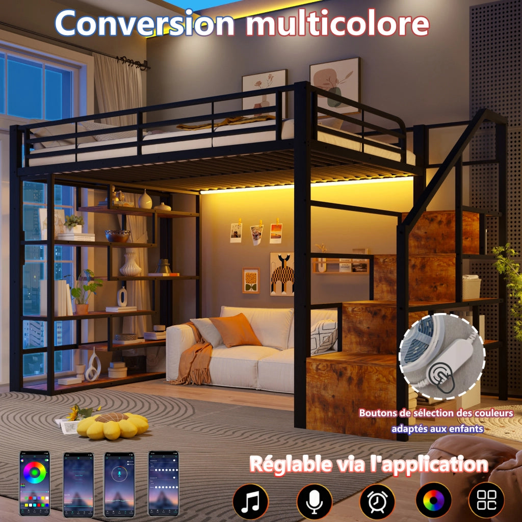 Letto a soppalco 140x200 cm con spazio libero sottostante; LED; ripiano; gradini integrati e parapetto; metallo nero