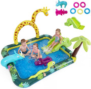 Piscina Gonfiabile Bambini, Parco Giochi Acquatico a Tema Giungla con Scivolo, Irrigatore a Arco, Gioco degli Anelli e 2 Toppe di Riparazione per Bambini 2-6 Anni, 208 x 178 x 138 cm