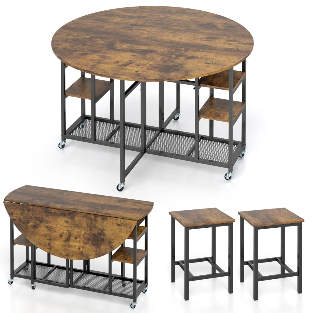 Tavolo da cucina rotondo con ampio piano e 2 sgabelli sala da pranzo, Set da pranzo pieghevole a 3 pezzi per soggiorno -Tavoli e sedie da pranzo