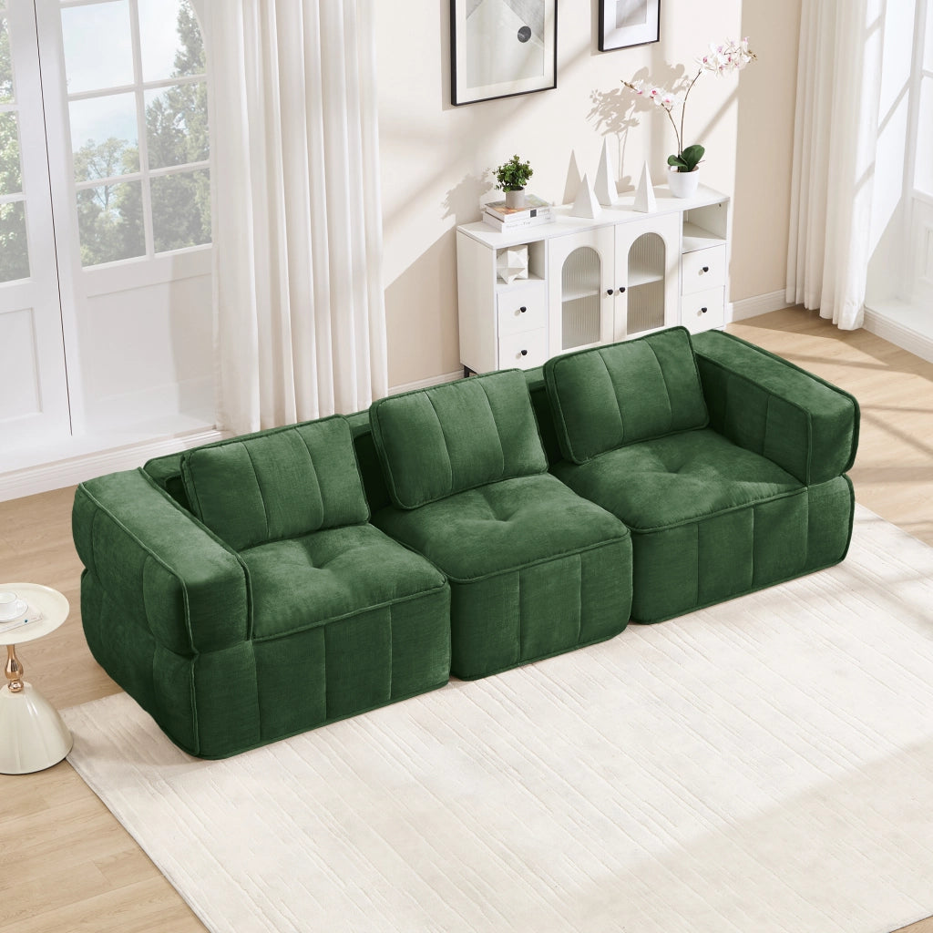Divano modulare a 3 posti in poliestere con seduta profonda e base antiscivolo, verde 271 × 93 × 67 cm