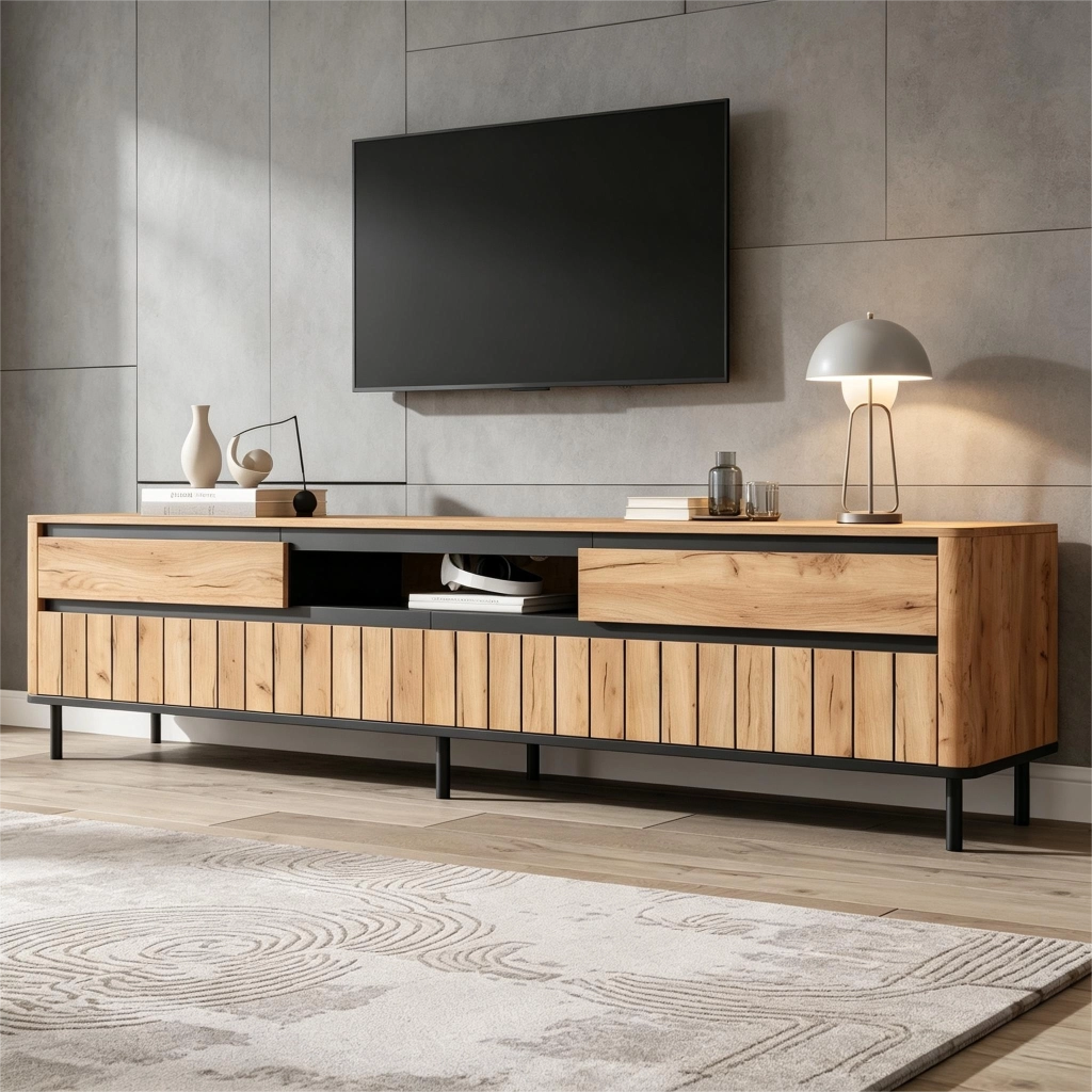 Mobile TV con 2 cassetti; 2 ante e passacavi per soggiorno 180×40×52 cm in MDF nero e naturale