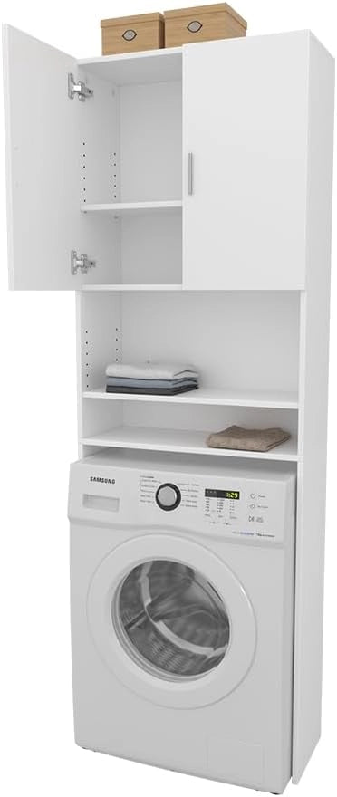 Mobile lavatrice Martha, Bianco, 64 x 190 cm con 2 ante corte, per la conservazione di detersivi e accessori da bagno