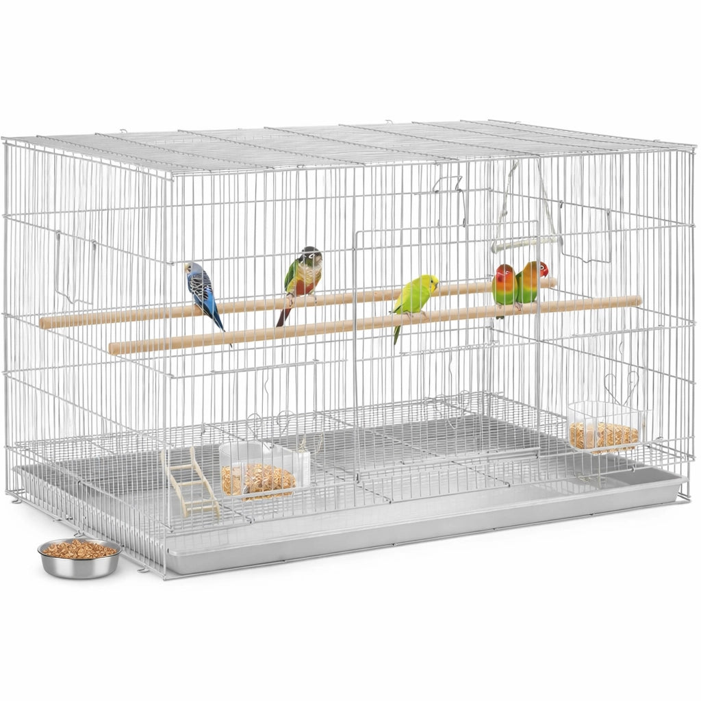 Gabbia Voliera per Uccelli Pappagalli con 2 Mangiatoie 77.5x46.5H46 cm Grigio