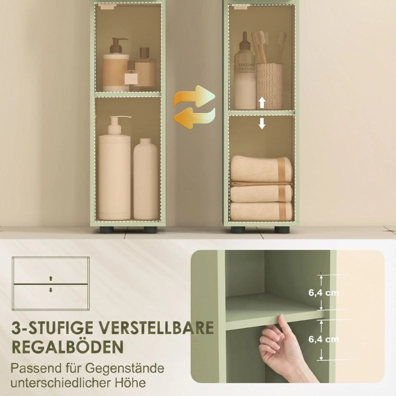 Mobile bagno stretto verde con cassetto e 4 ripiani aperti 20x20x180 cm