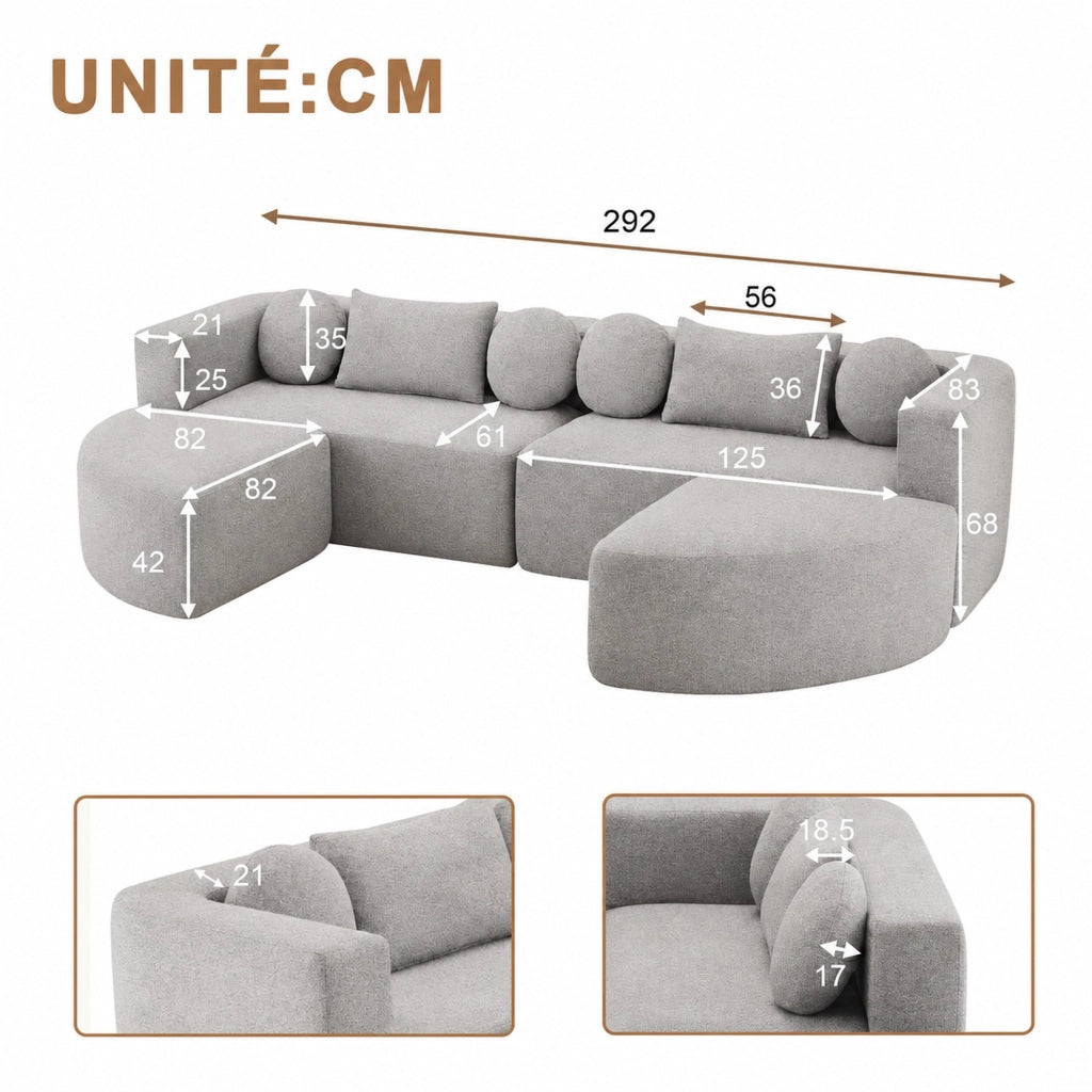 Divano modulare letto in ciniglia con funzione letto e imbottitura soffice senza montaggio grigio 292 × 165 × 68 cm
