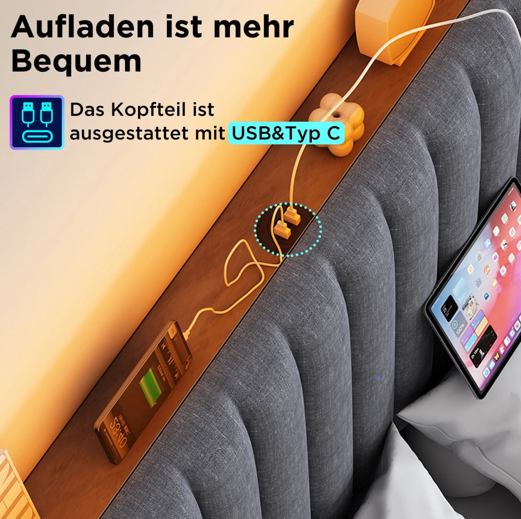 Letto matrimoniale 140x200 cm con LED, USB-C e materasso H3