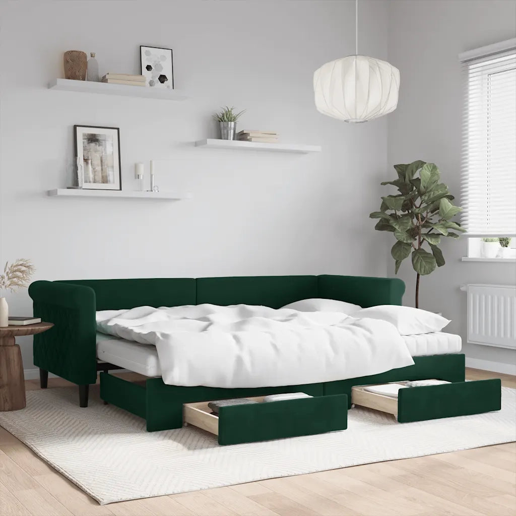 Divano Letto Estraibile Cassetti Verde Scuro 80x200cm Velluto