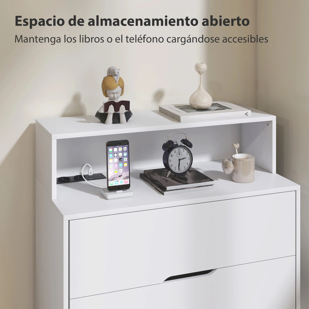 Cassettiera con 4 Cassetti e Stazione di Ricarica USB USB-C ¨C zephmum ¨C Bianco 80x40x120 cm