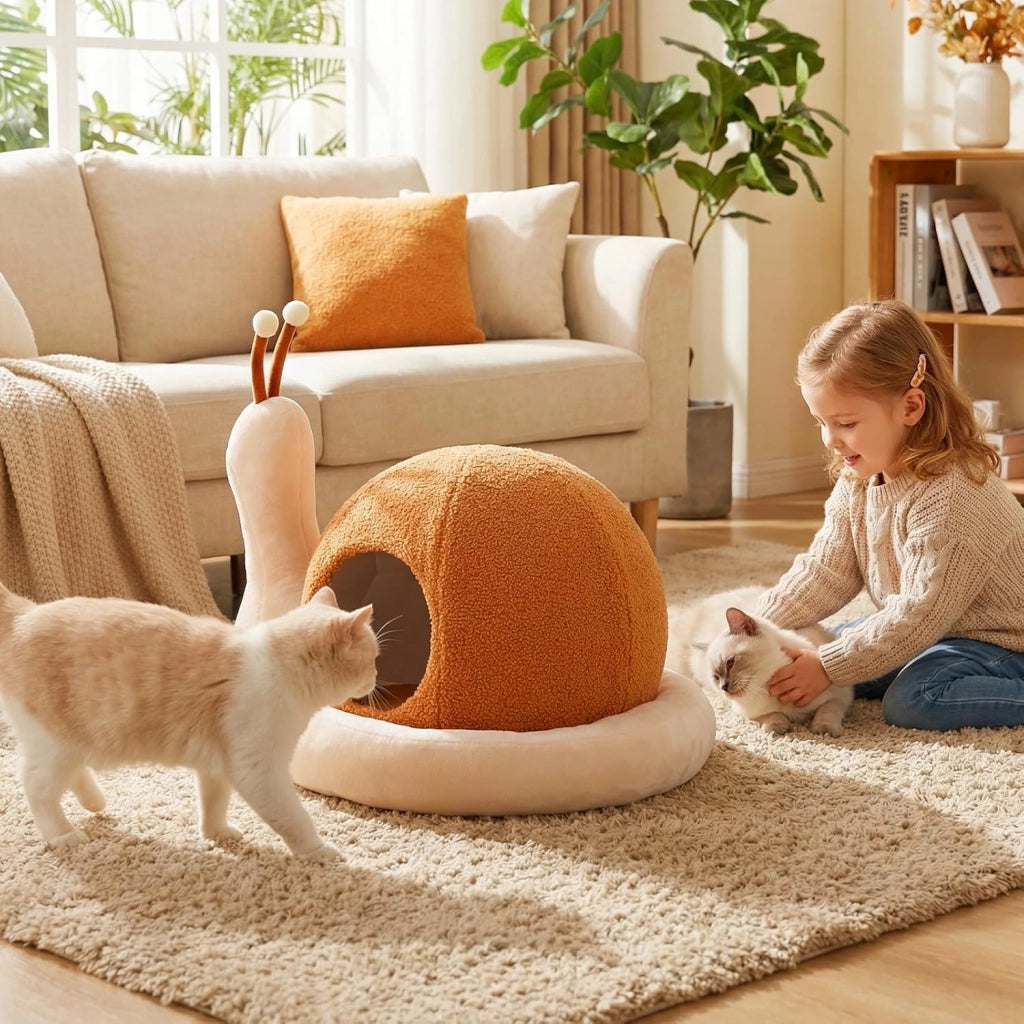 Cuccia per Gatti da Interno, Cuccia a Forma di Chiocciola per Gattini con Cuscino Rimovibile e Lavabile, Peluche Morbido e Fondo Antiscivolo, Letto Chiuso per Cani Piccoli e Gatti