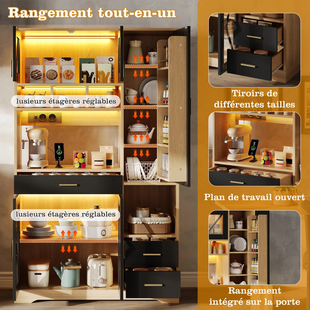 Credenza alta con vetrina e LED a colori, ripiani regolabili, 1 cassetto, prese e porte USB per cucina e soggiorno 185 × 105 × 40 cm