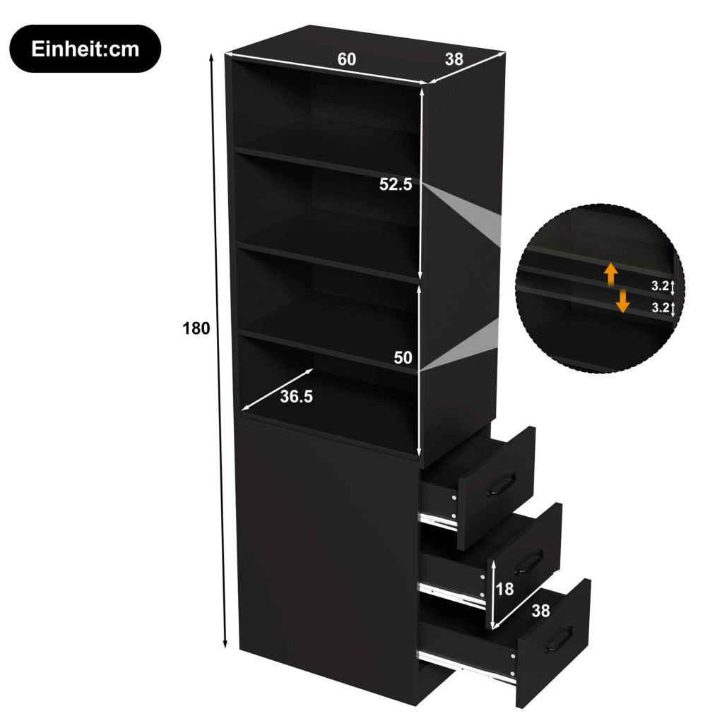 Libreria stretta 60x38x180 cm con 3 cassetti laterali e ripiani regolabili; nera