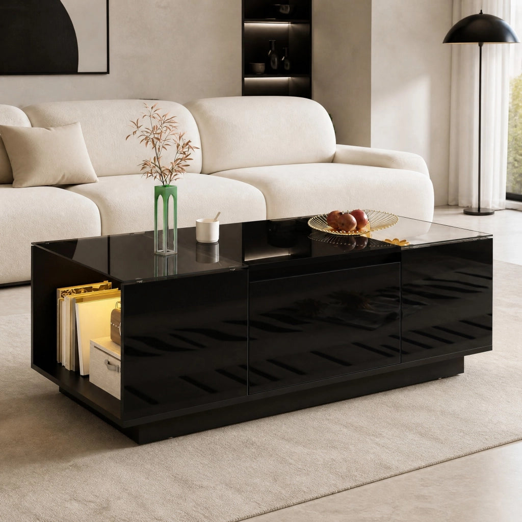 Tavolino da caffè moderno 105 x 50 x 35 cm in truciolare nero con LED e 2 cassetti