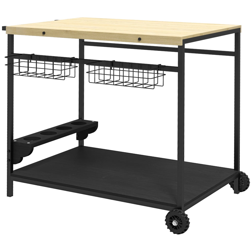 Carrello servitore da giardino a 2 livelli in legno di abete con cesto metallico e portabottiglie