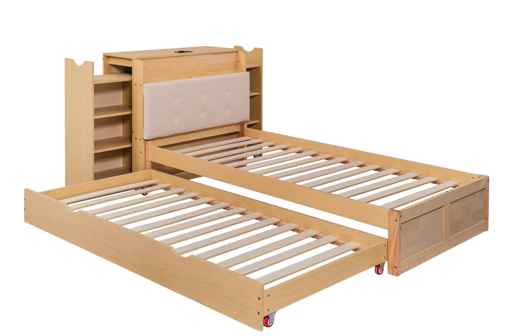Letto Contenitore con Estraibile 90x200 ¨C MINIMAL ¨C Testiera Imbottita, USB, Legno