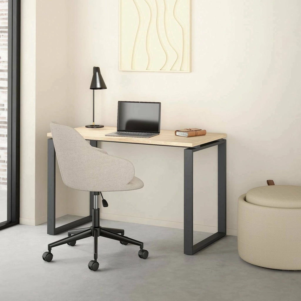 Scrivania Pierrot, Scrittoio multiuso, Tavolo per ufficio porta PC, Piano di lavoro, 120x60 h76 cm, Rovere e Grigio