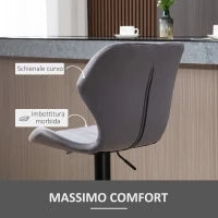 Set 2 Sgabelli da Bar ad Altezza Regolabile con Seduta Ergonomica e Poggiapiedi, Sgabelli Alti in Effetto Velluto e Metallo, 47x51.5x92-114 cm, Grigio