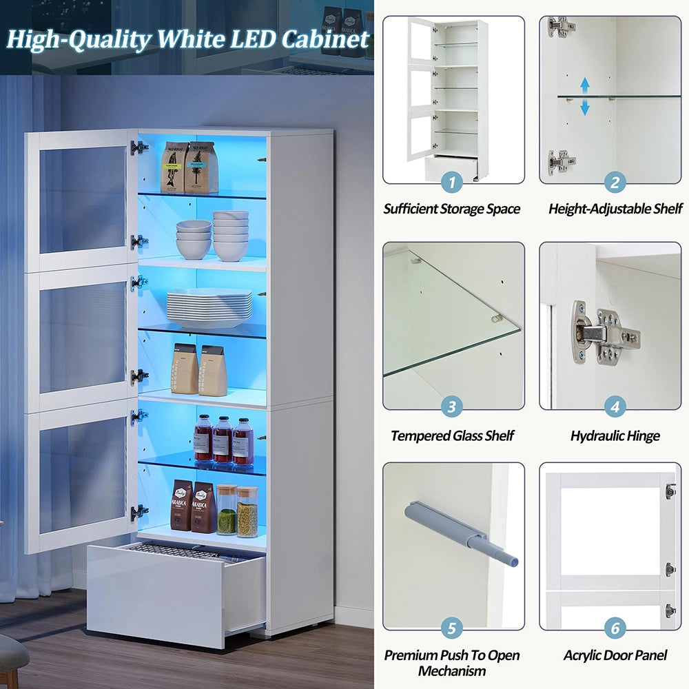 Vetrina 60x40x173 cm con LED - Xylo - 3 ripiani in vetro, ante in acrilico, armadio per soggiorno, bianco