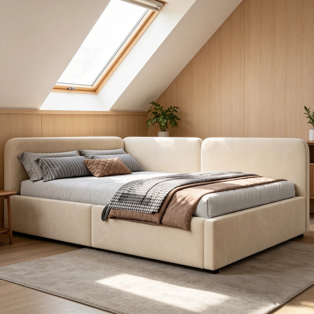 Letto divano contenitore 140 × 200 cm con vano idraulico, testiera reversibile, senza materasso, beige