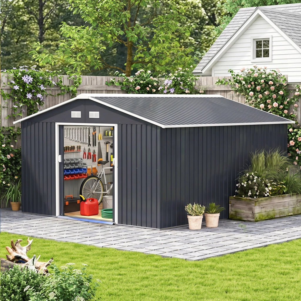 Casetta da Giardino 12.4m2 in Acciaio Zincato con kit Fondazione, Prese d'Aria, Capanno da Giardino con Tetto Inclinato, Grigio