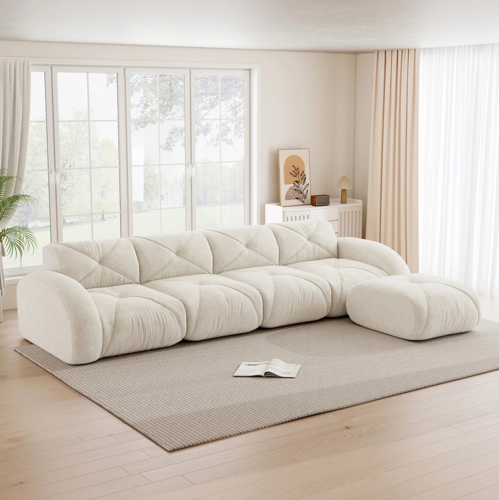 Divano modulare angolare 358x171x76 cm in chenille beige chiaro; design senza struttura