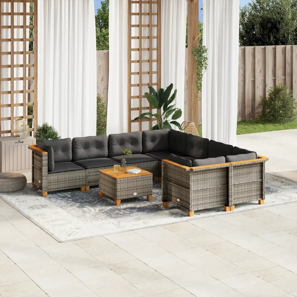 Set Divano da Giardino 9 pz con Cuscini Grigio in Polyrattan