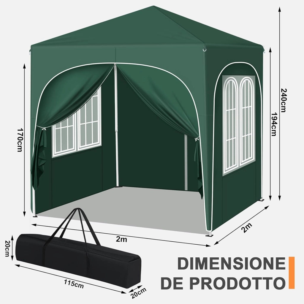 Gazebo Pieghevole 2x2m con 4 Pareti Rimovibili - Protezione Solare UPF 50+, Struttura Metallica Anti-Vento, 3 Regolazioni Altezza, Tendone da Giardino/Campeggio/Spiaggia - Verde