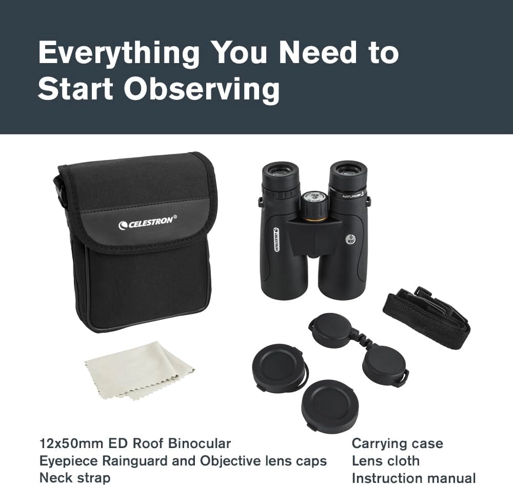 Celestron 72336 Nature DX ED 12x50 binocolo con obiettivo a bassissima dispersione esterni e birdwatching, ottica multistrato con prismi BaK-4, rinforzato in gomma, resistente ad acqua e nebbia