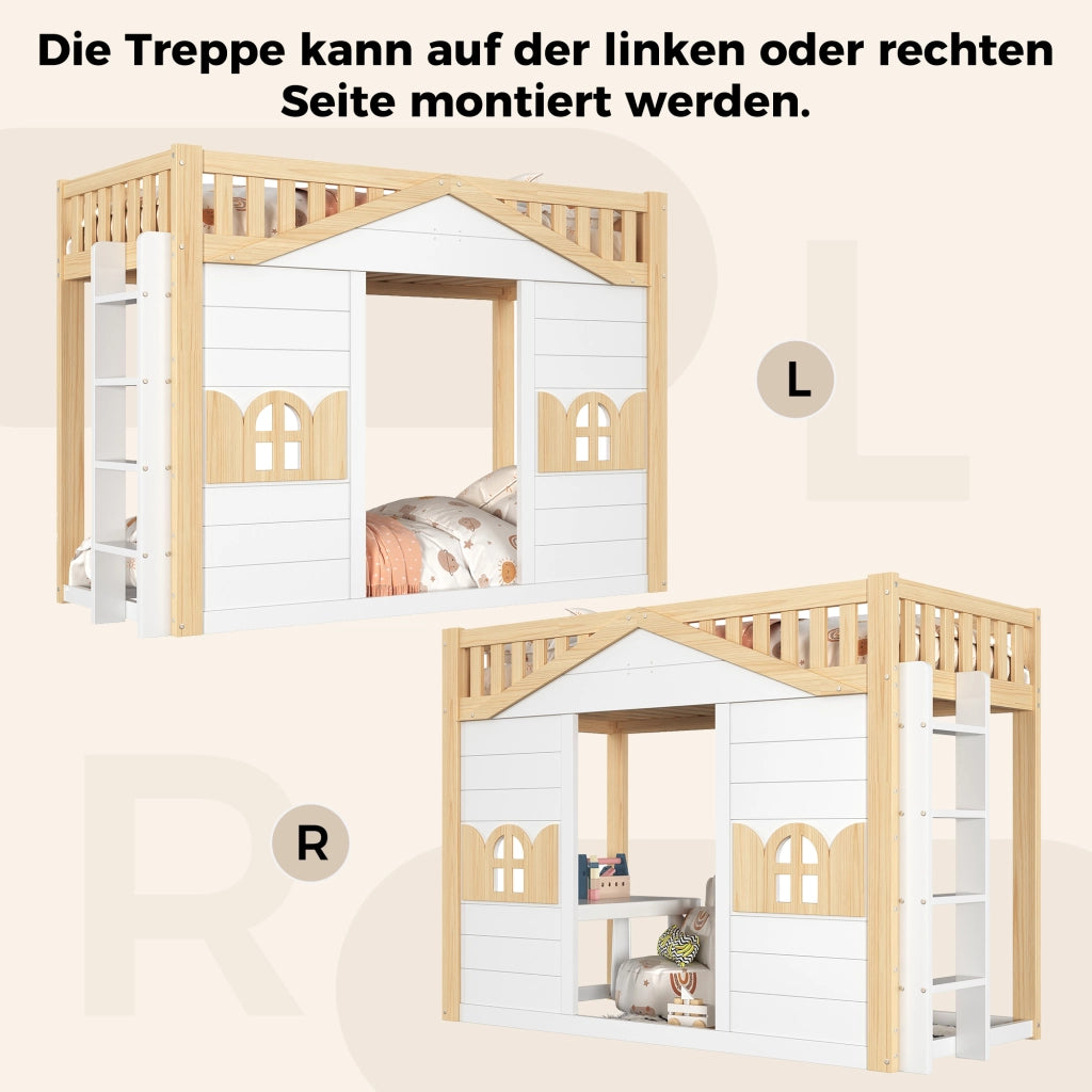LETTO a soppalco per bambini 90x200 cm in pino bianco con finestra e rete a doghe
