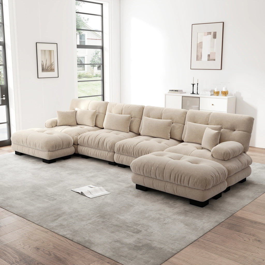 Divano angolare modulare con seduta profonda e pouf mobile, in ciniglia beige chiaro 406 × 145 × 81 cm