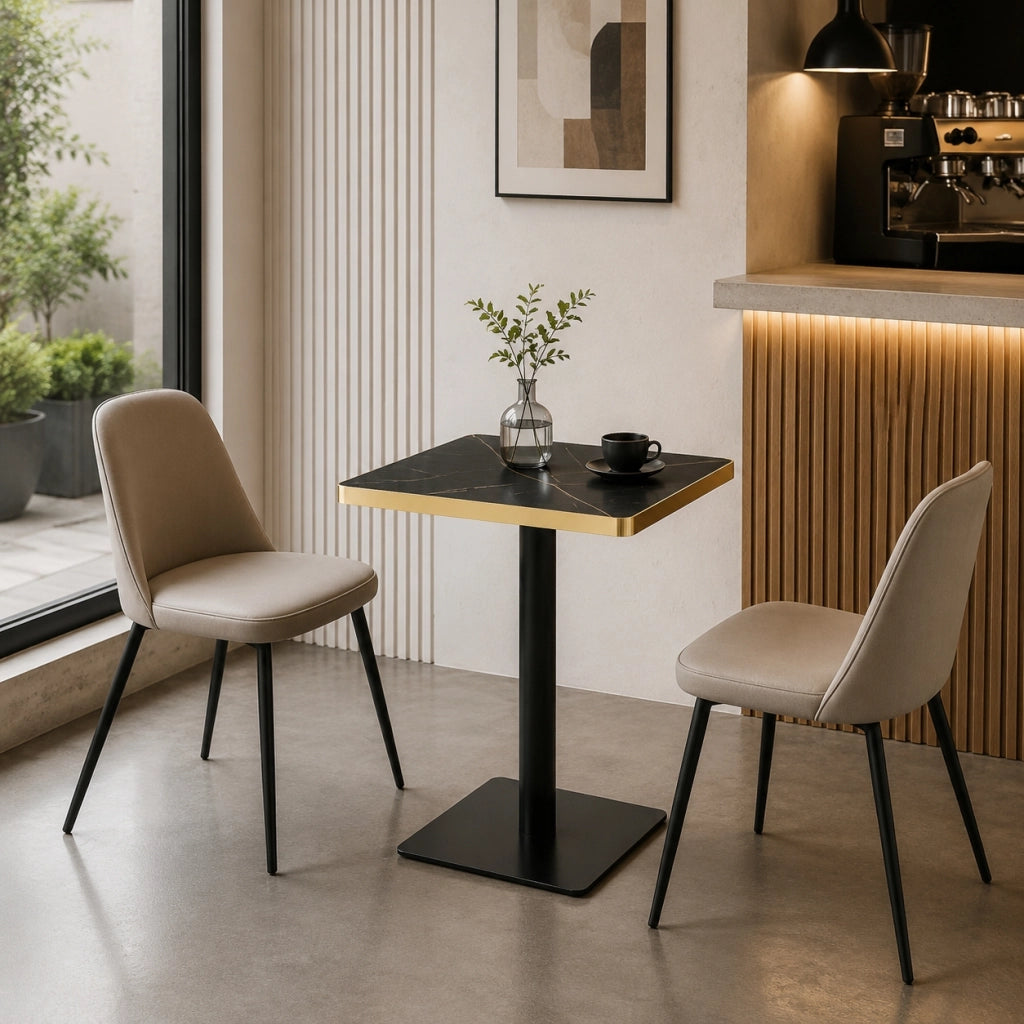 Tavolo da pranzo per 2-4 persone con piano quadrato effetto marmo e base in metallo, stile moderno, nero, 60 × 60 × 74 cm