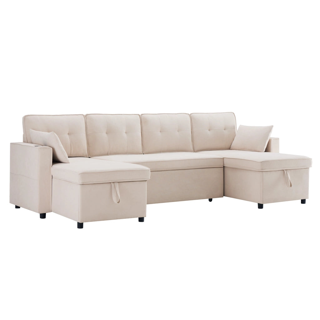 Divano Letto U con Funzione Letto ¨C MINIMAL ¨C Tessuto Cotone Lino, Portabicchieri, Vani Contenitore