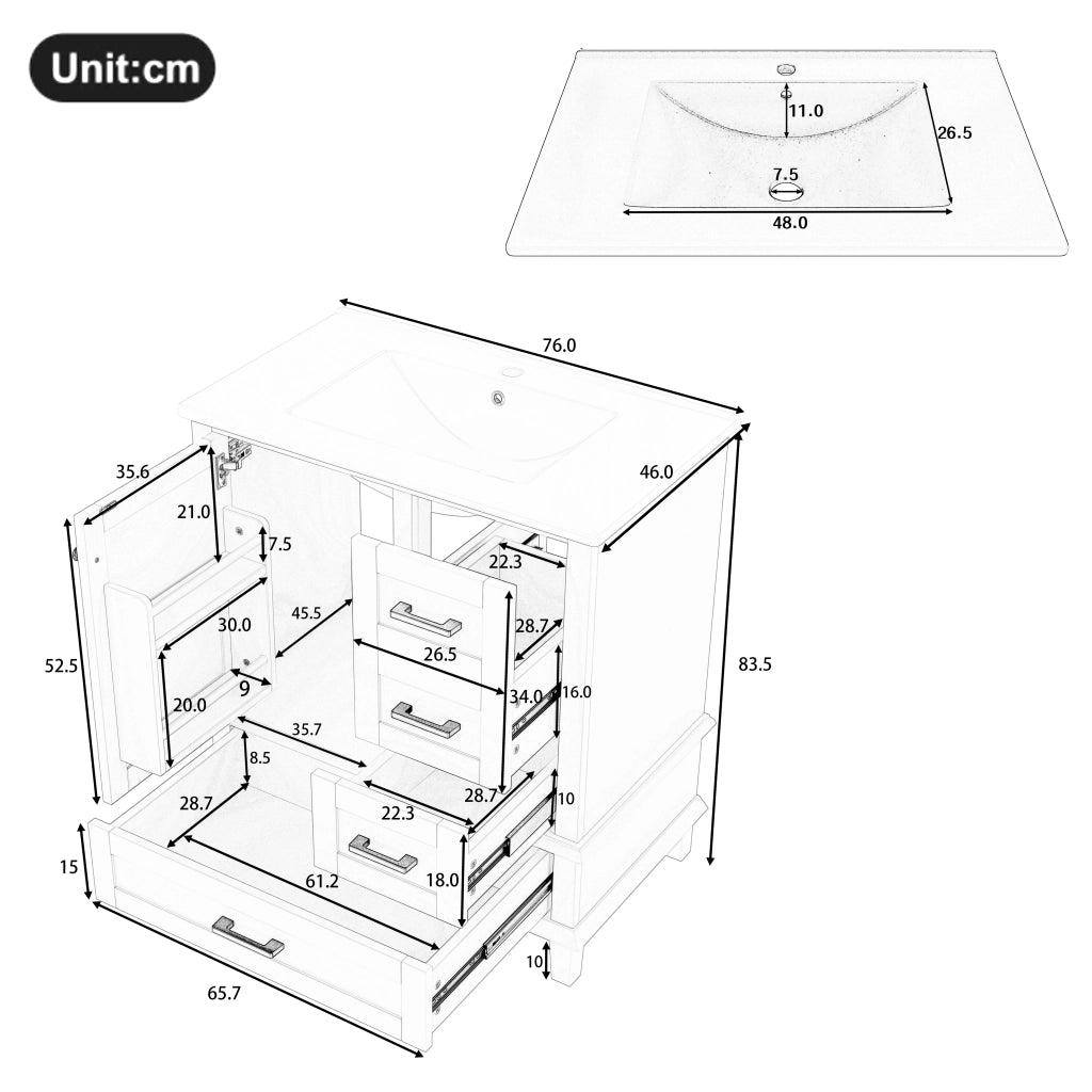 Mobile sottolavabo con lavabo in ceramica, 3 cassetti e ripiano interno, per bagno, bianco, 76 × 46 × 83,5 cm